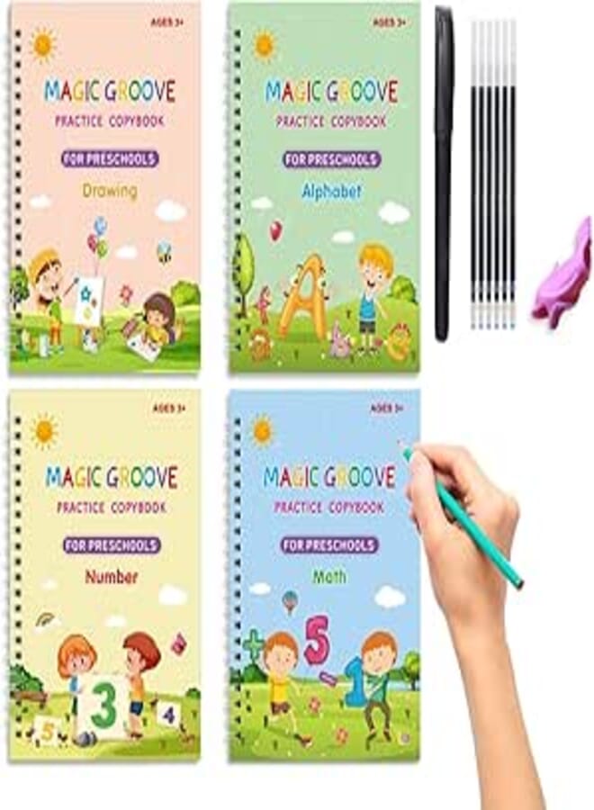 Magic Ink Copybooks for Kids, KASTWAVE Reusable Handwriting Workbooks for Preschools Grooves Template Design and Handwriting Aid Magic Practice Copybook for Kids (4 books+Pens)